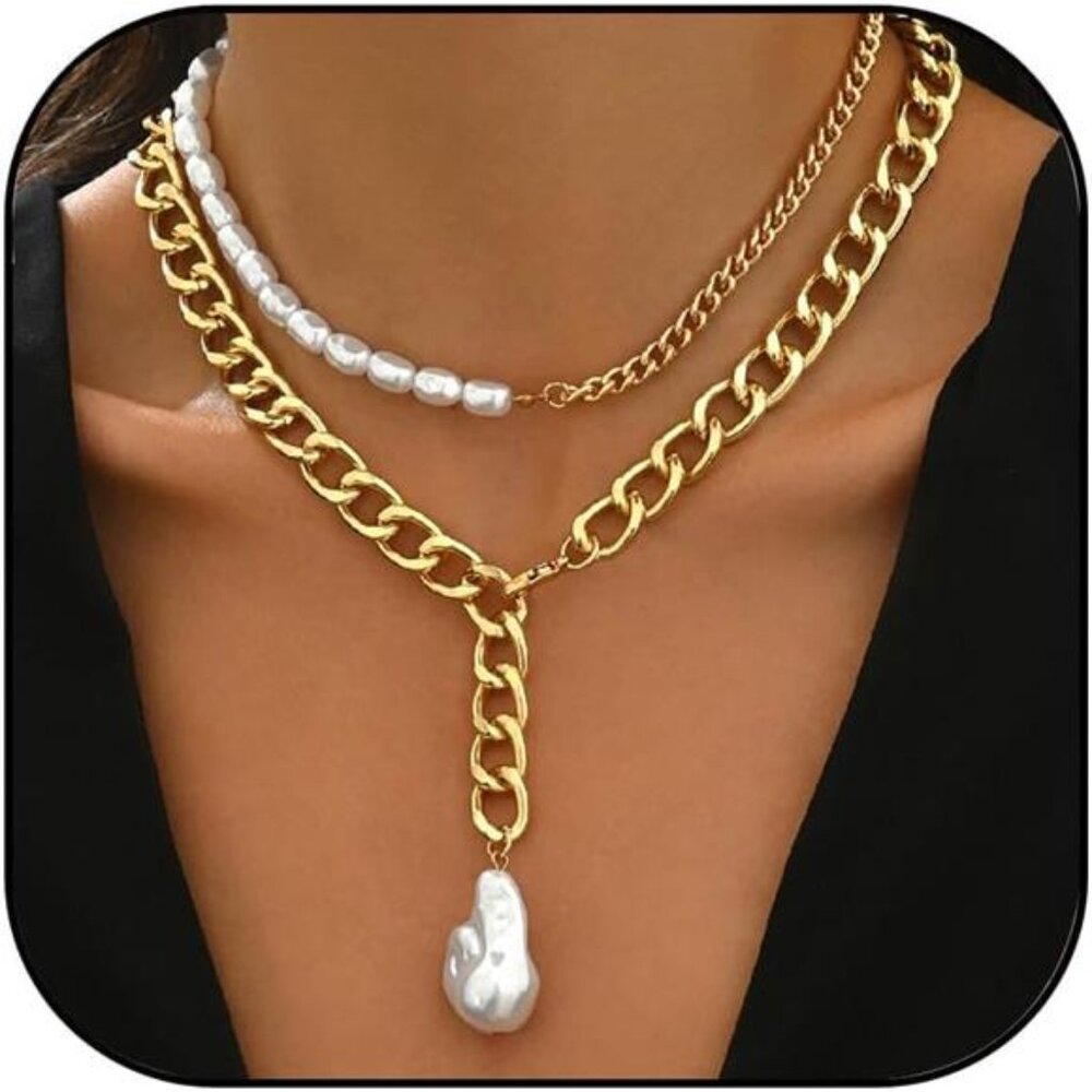 Gold Cuban Link & Pearl Layered Choker Necklace with Baroque Pendant